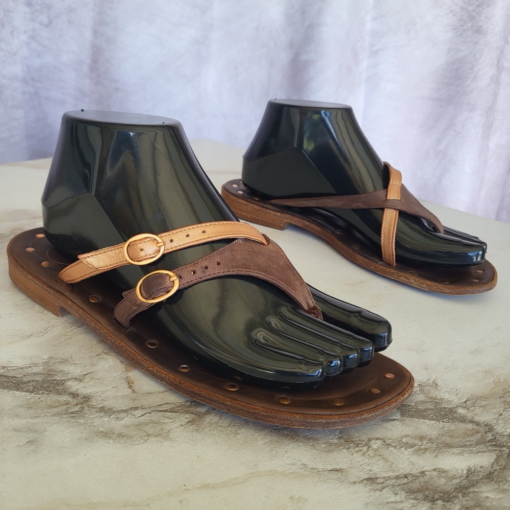 Espace Studded All Leather Thong Sandals Women's Size 37/7 Brown/Tan